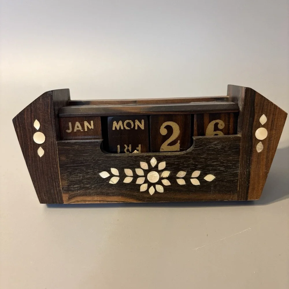 Vintage Wood and Mother of Pearl Perpetual Desk Calendar Solid Handmade MCM